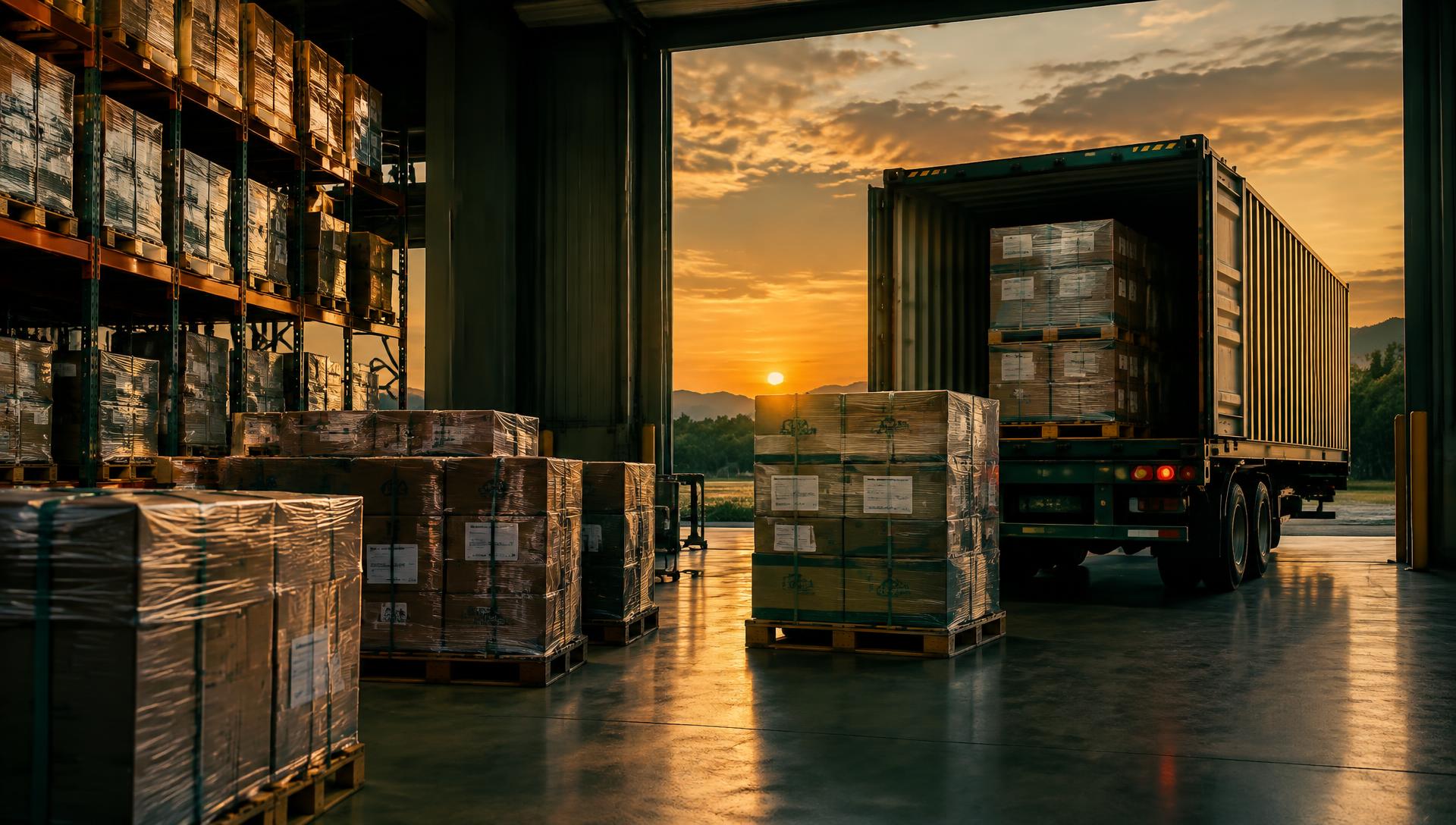 Export warehouse with wrapped pallets being loaded into a shipping container