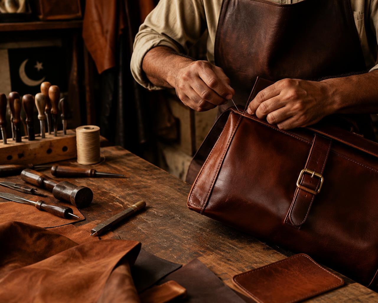 Craftsman's hands stitching a leather bag on a workshop bench