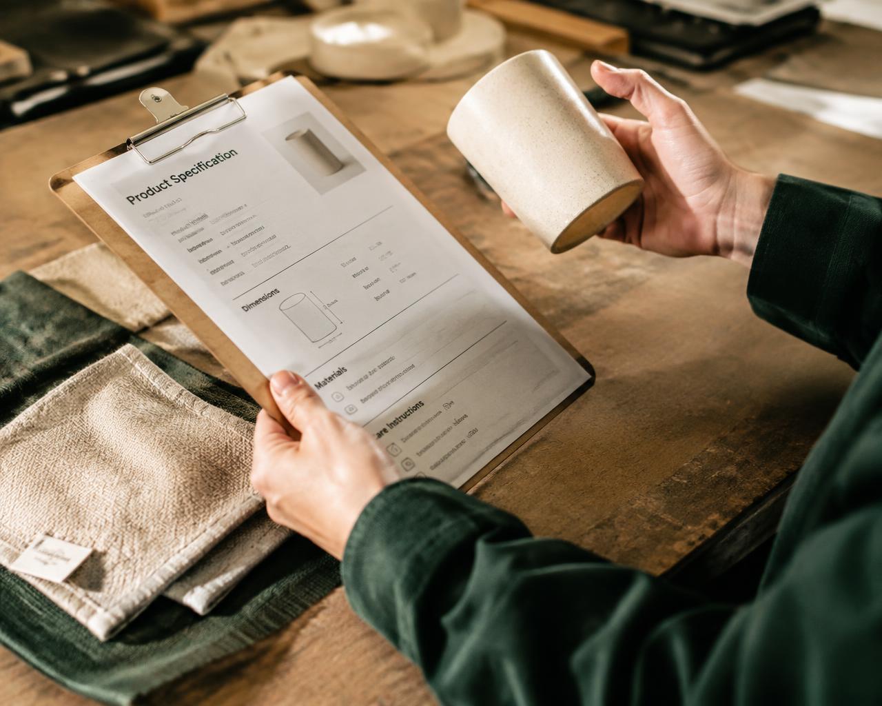 Hands reviewing a product specification sheet beside ceramic and textile samples