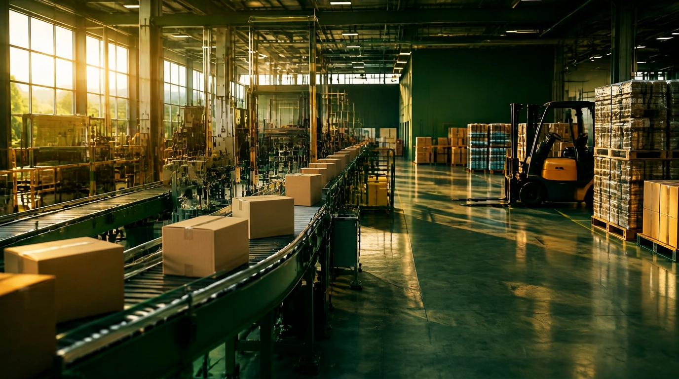 Production line with boxed goods on conveyors and palletised stock in a warehouse