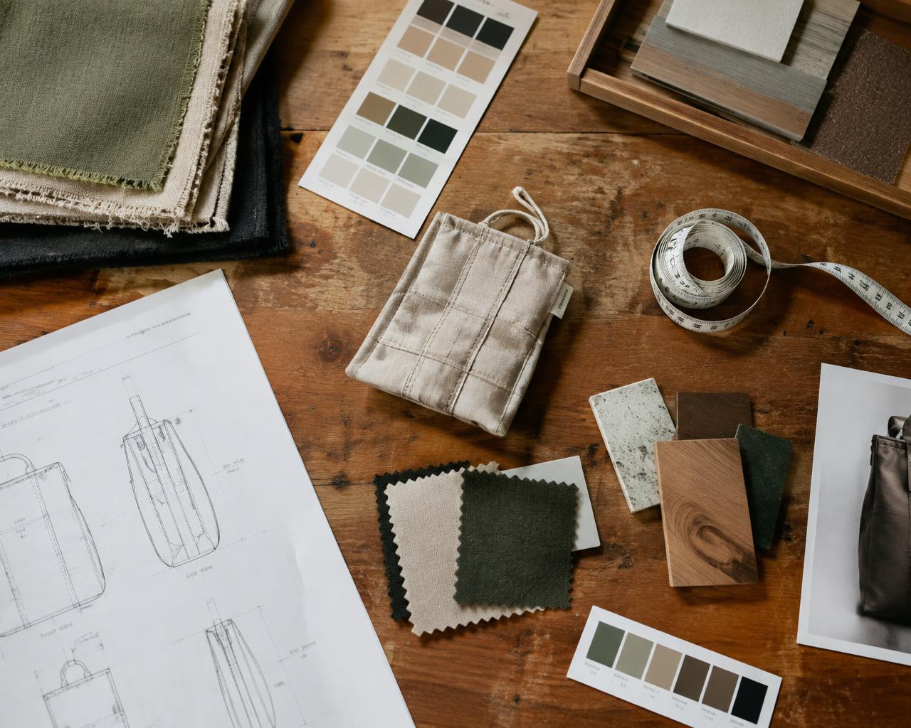 Fabric swatches, colour cards, technical sketches and a sample on a workbench