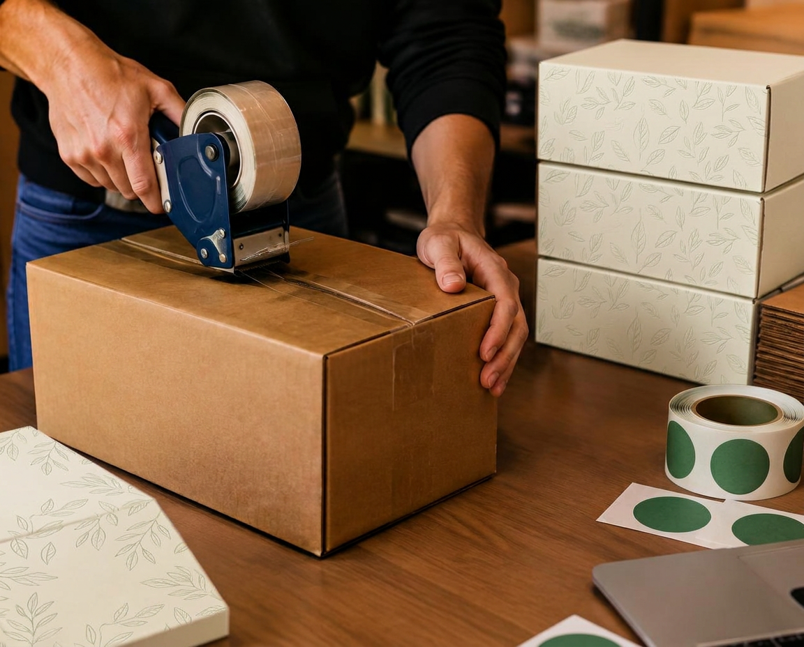 Hands sealing a shipping carton beside plain retail boxes and labels