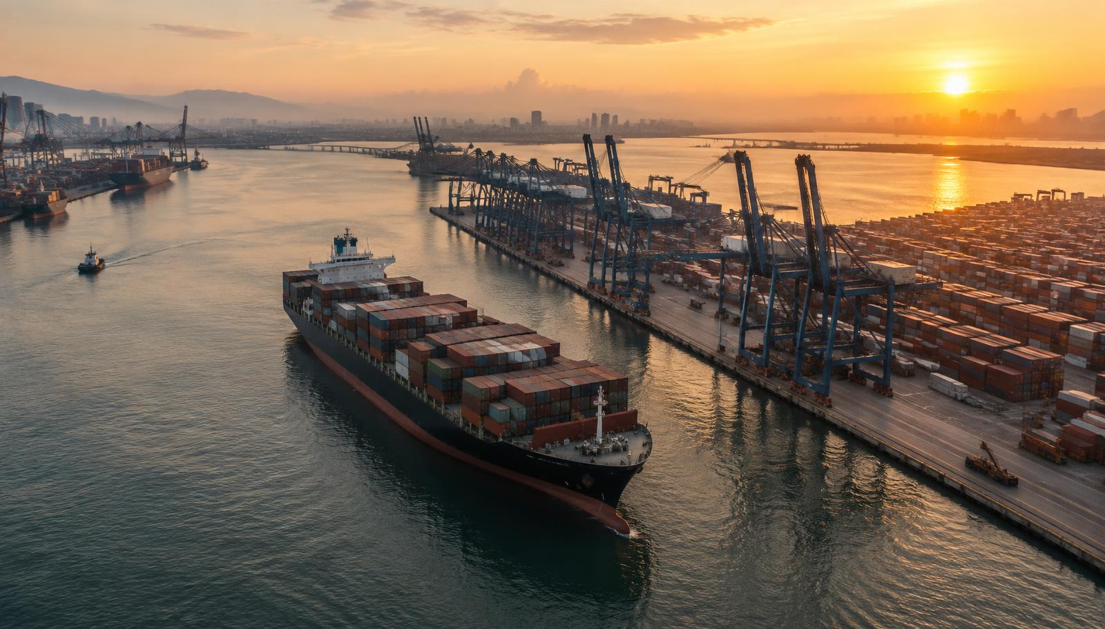 Container ship berthed at an international cargo port at sunrise