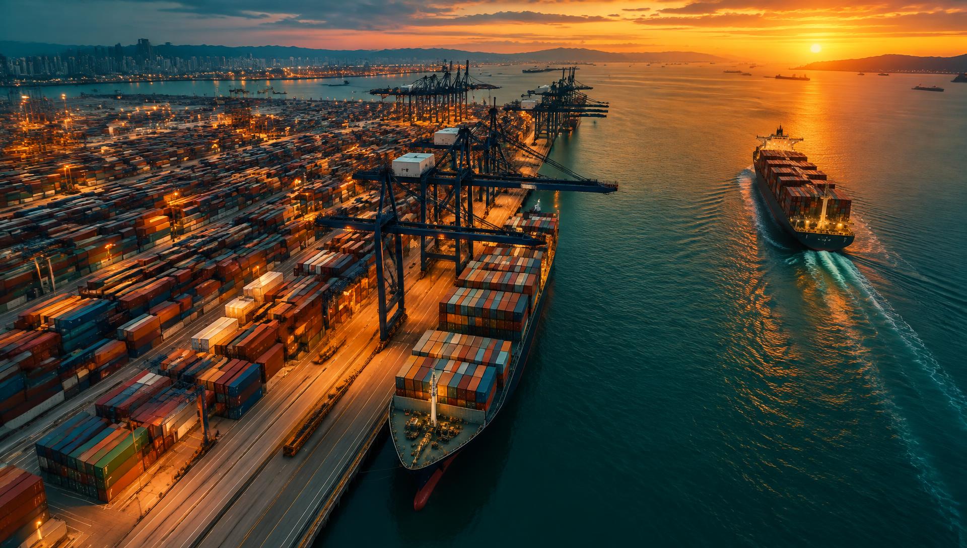 Container port at dusk with cargo ship departing